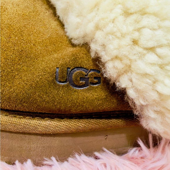 UGG DISQUETTE $165 SUEDE SHEARLING CHESTNUT CUFF PLATFORM SLIPPERS US 7 EUC - Picture 8 of 8